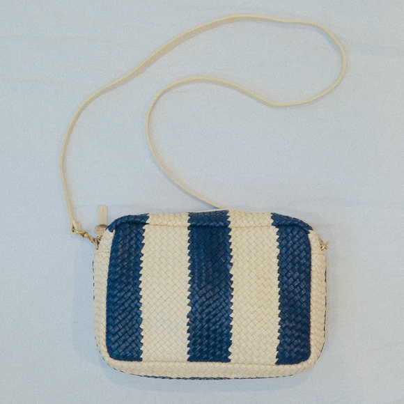 Clare V. Marisol Woven Leather Crossbody Bag – Indigo & Cream Racing Stripes - Picture 3 of 8